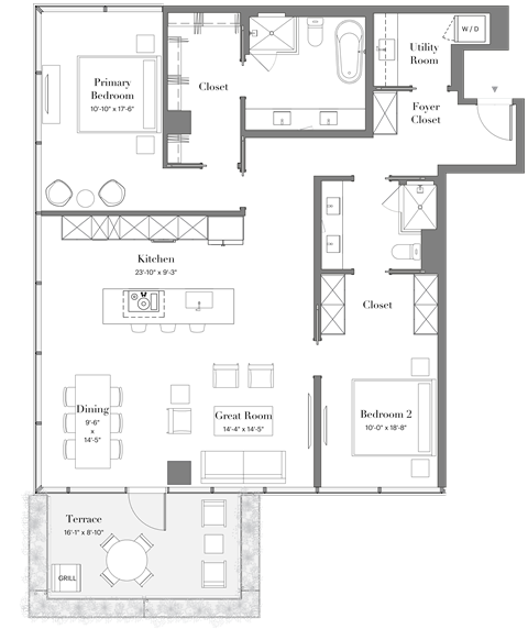 Floor plan for 2 beds, 2 baths, 1520 sqft